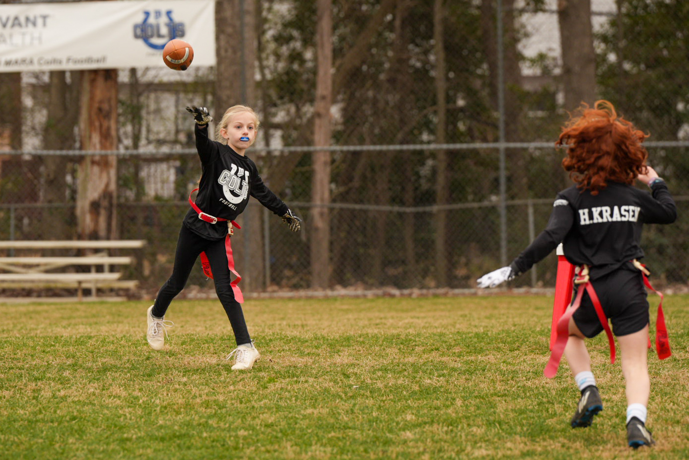 A TD pass thrown by GIRLS ONLY Flag Football player at MARA Colts Football