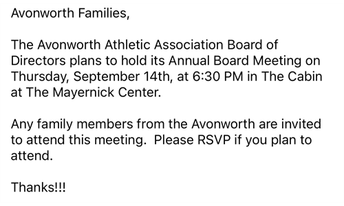 AAA Annual Board Meeting 9/14 6:30PM