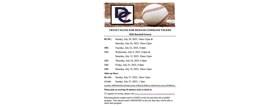 2026 DC Toledo Youth Baseball Tryouts