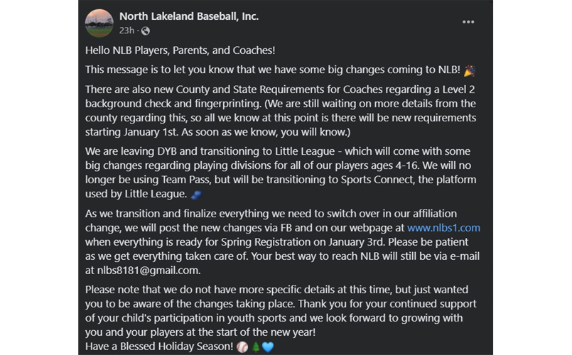 Note from North Lakeland Baseball