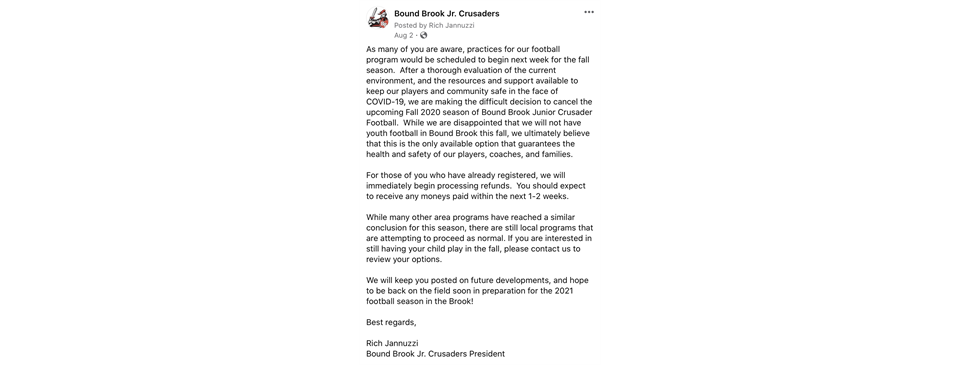 Announcement from Bound Brook Jr. Crusaders President