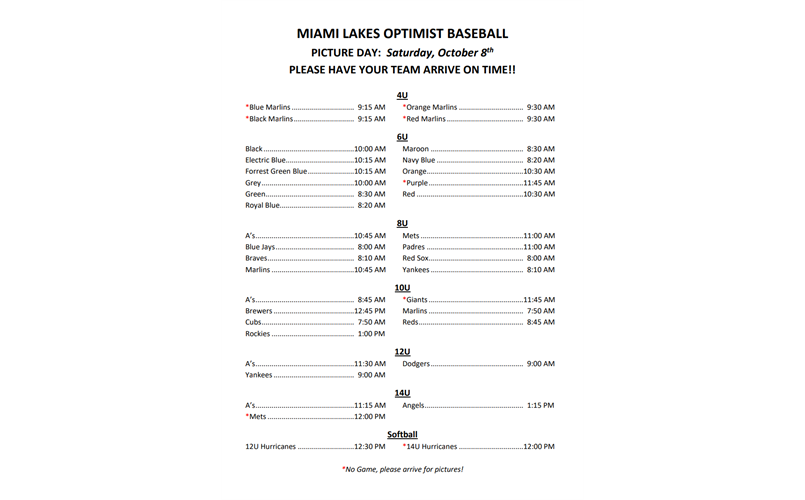 2022 Fall Picture Day Schedule