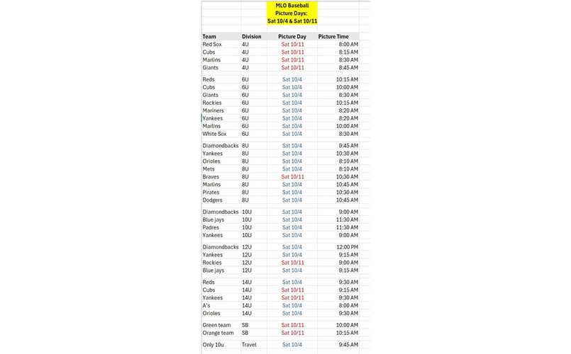 Picture Day Schedule