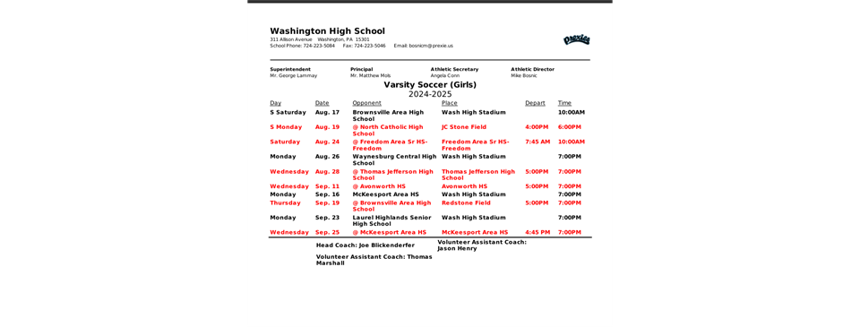 Wash High Girls CO-OP Schedule