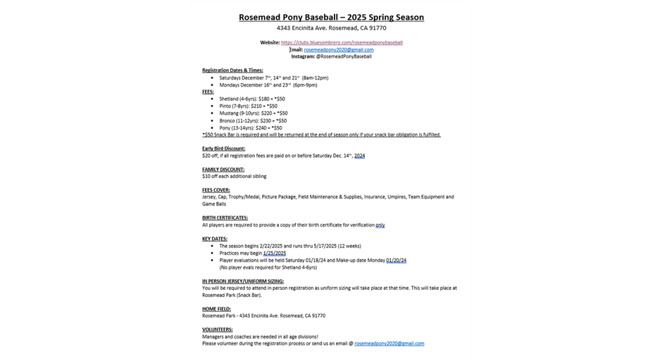 2025 Rosemead Pony Baseball Spring Season Info