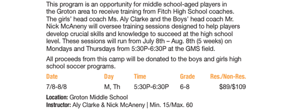 Fitch Summer Soccer Camp for Middle School Through GPR