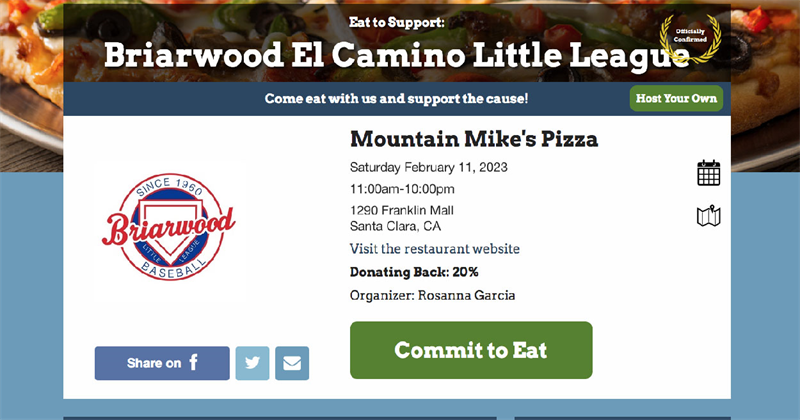 Eat to Support: Briarwood El Camino Little League 2/11 11 am.m. - 10 p.m.