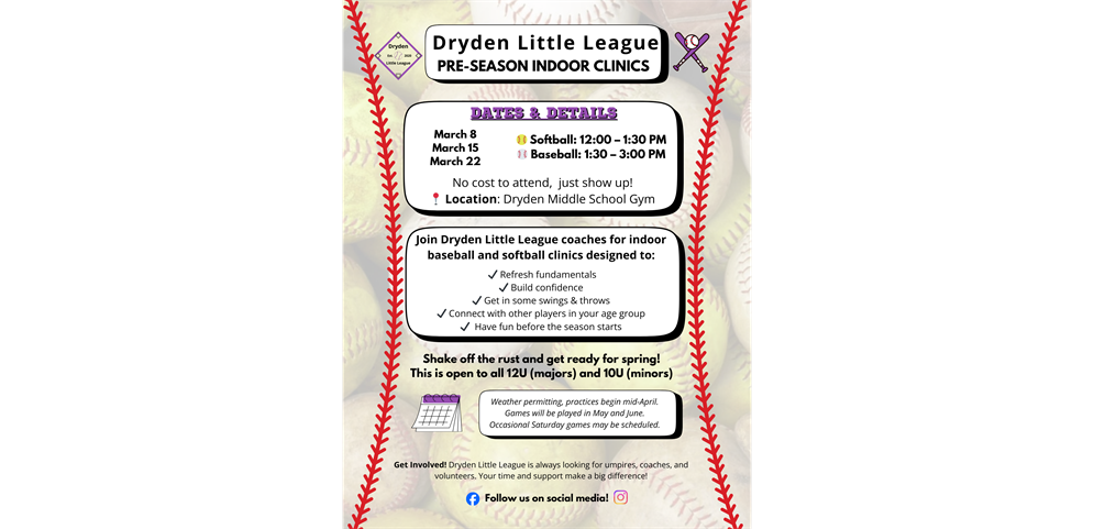 Dryden Little League Indoor Clinics in March
