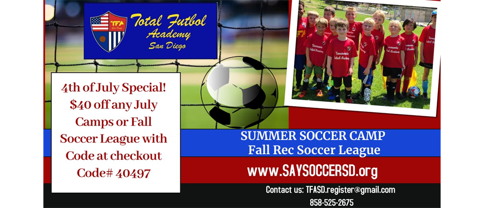 4th of July $40 discount for camps and Fall Rec Soccer 