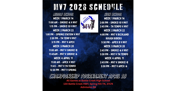 Maximum Velocity 7v7 Football Schedule