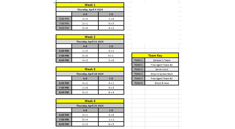 Adult Indoor Volleyball Spring 2024 Game Schedule