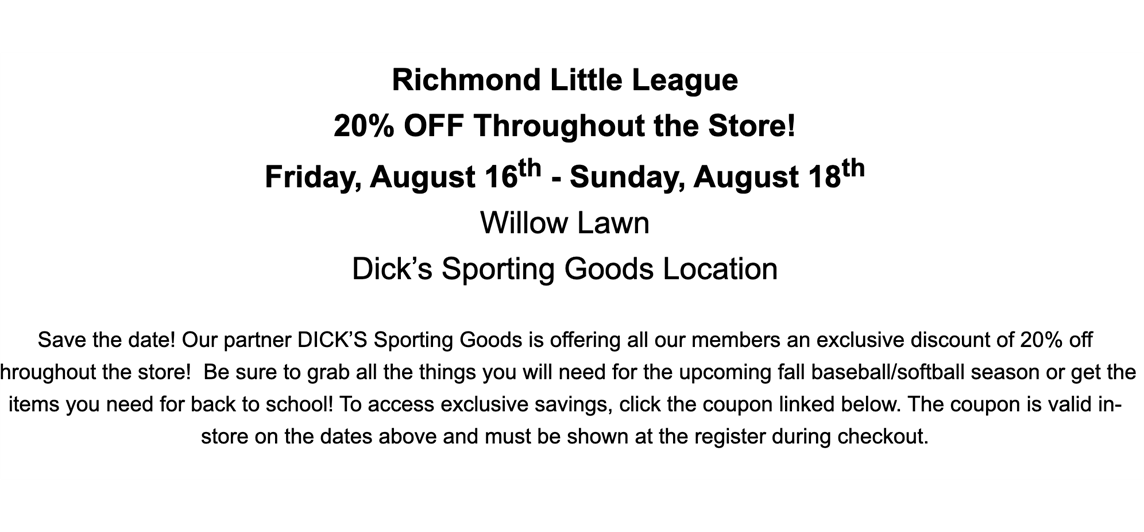 Save 20% of Dick's - Willow Lawn - click for coupon!!