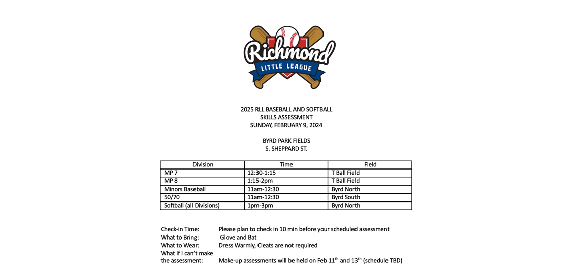 Spring 2025 Baseballl and Softball Assessment Schedule