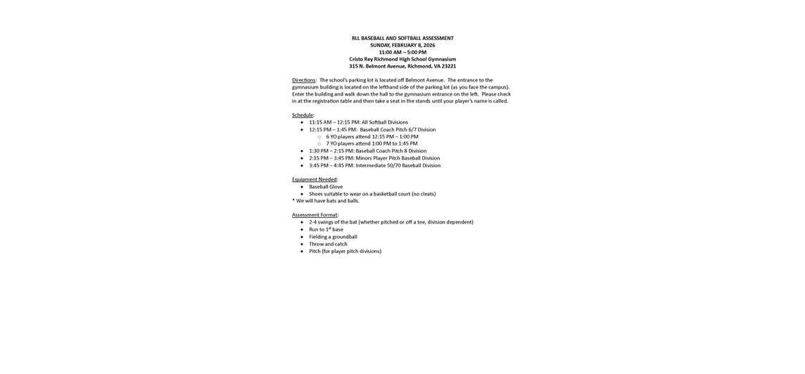 RLL Assessment Schedule and Information