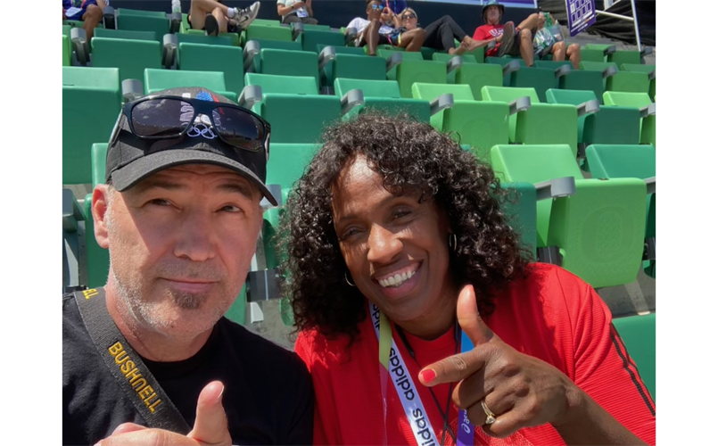 Adidas/JC Jets Great Jim Jennings with Olympian Jackie Joyner-Kersee Adidas Athlete at 2022 World Track and Field Championships in Eugene, OR
