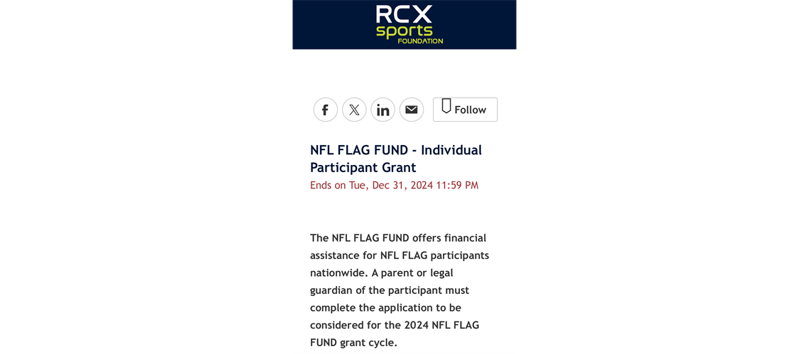 RCX NFL FLAG Grants Close Dec. 31