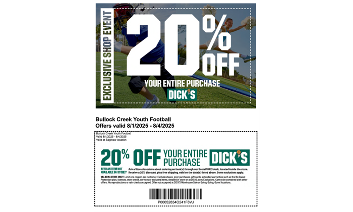 BCYFL DICK'S 20% OFF SHOPPING WEEKEND (20% off throughout the Store valid August 1-4, 2025)