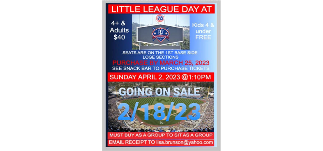 One week left to purchase your tickets to Little League Dodger Day on April 2nd.  Sale ends March 25th!