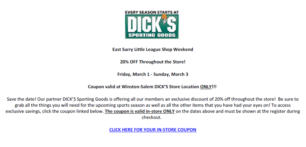 ESLL Shop Weekend at Dick's - March 1-3, 2024 - Click for Coupon